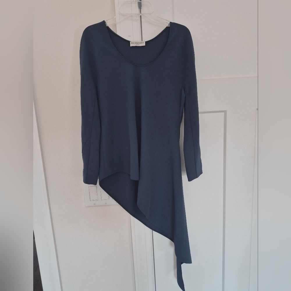Balenciaga Blouse Blue Asymmetrical Hem Long Sleeve Pullover Size EU 36 - Picture 2 of 12